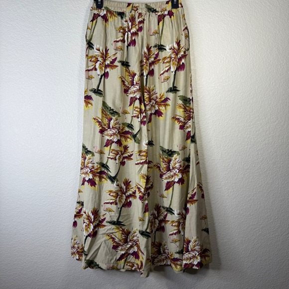 Easel Women's Small Wide Leg Palm Tree Flamingo Print Pants Beige Boho Chic - Picture 8 of 8
